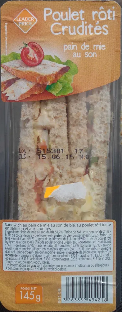 Poulet rôti crudités pain de mie au son