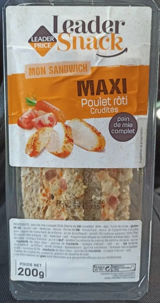 Mon sandwich Poulet rôti crudités