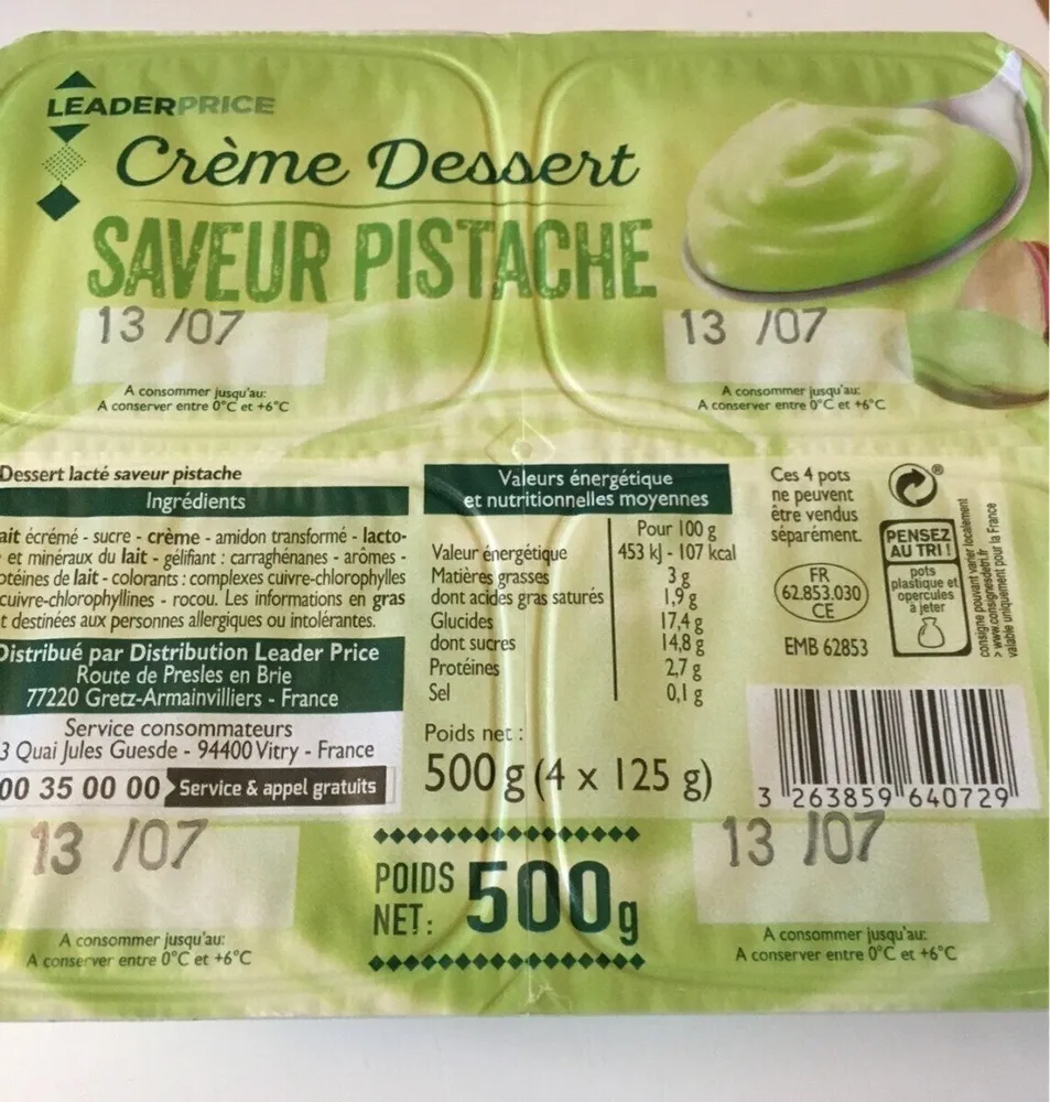 Crème dessert saveur pistache