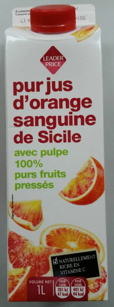 Pur jus d'orange sanguine de Sicile pressée avec pulpe