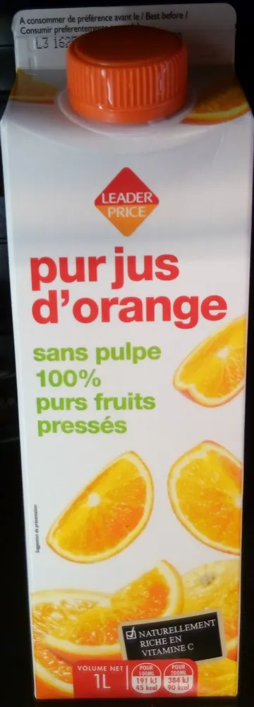 Pur jus d'orange sans pulpe 100% purs fruits pressés