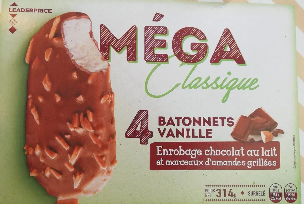 Mega classique batonnets vanille enrobage chocolat au lait morceaux d'amandes