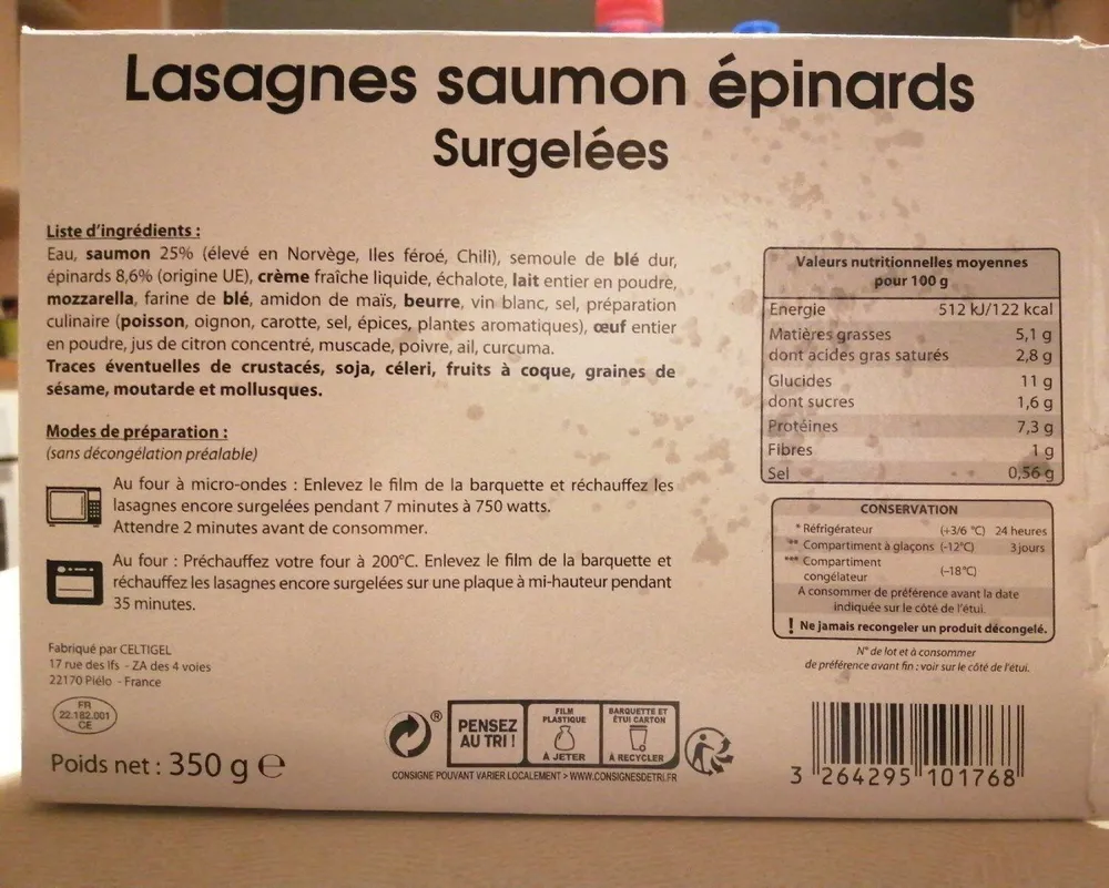Lasagnes saumon épinards surgelées