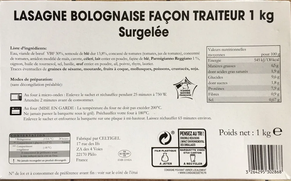 Lasagne bolognaise façon traiteur surgelée