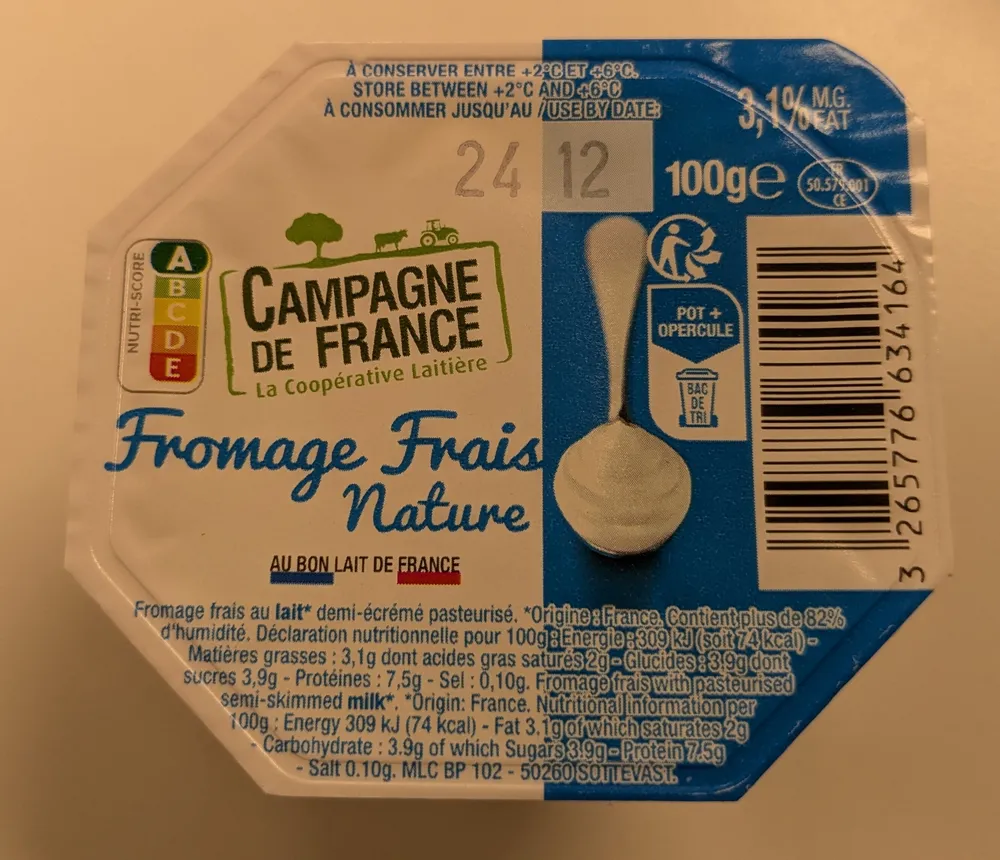 Fromage frais nature 3,1% de matière grasse