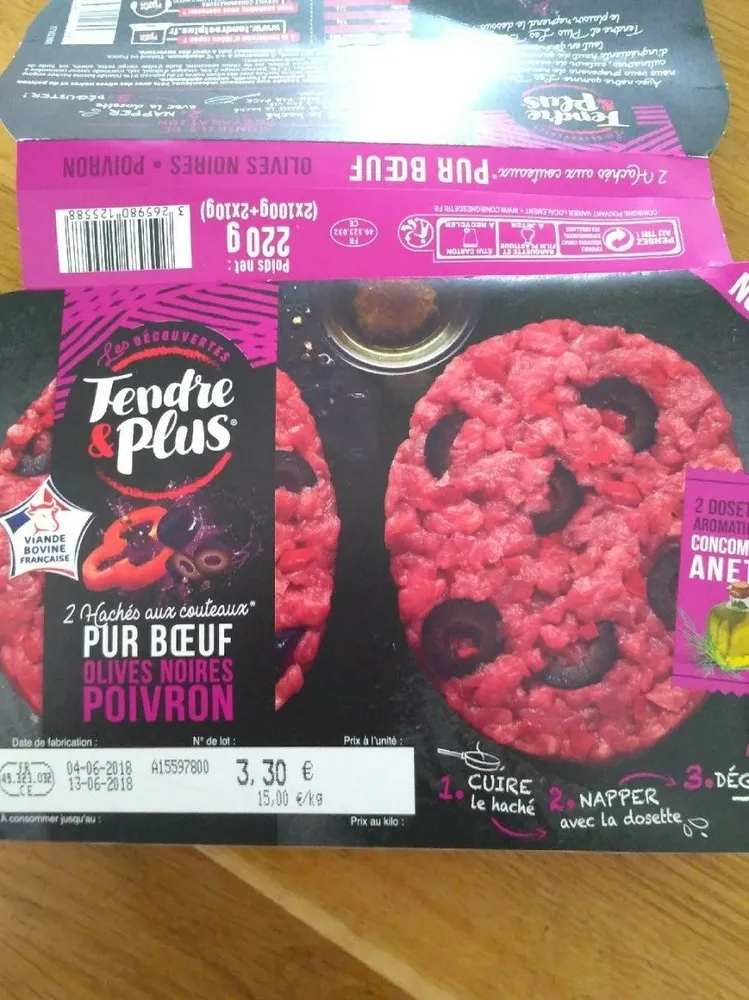 2 hachés aux couteaux pur boeuf Olives noires poivron