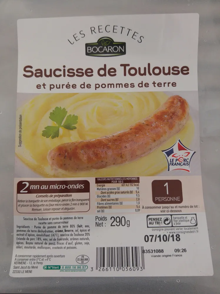 Saucisse de Toulouse Bocaron et puree de pommes de terre