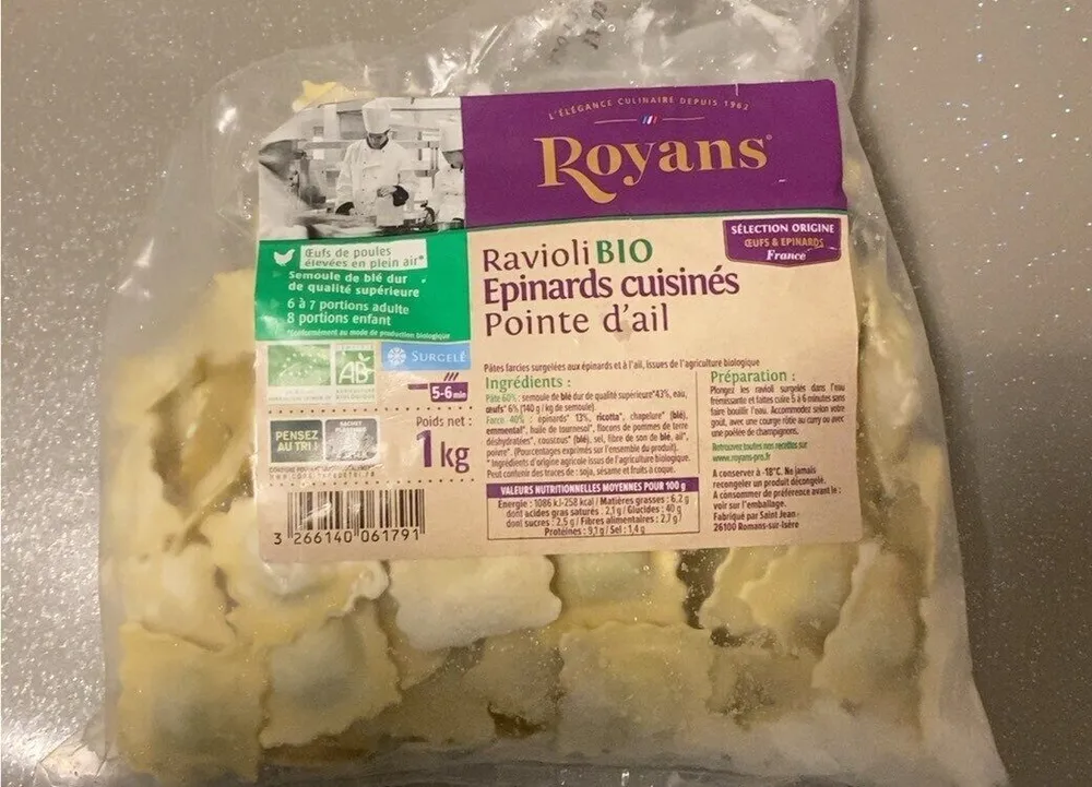 Ravioli bio epinards cuisinés pointe d’ail