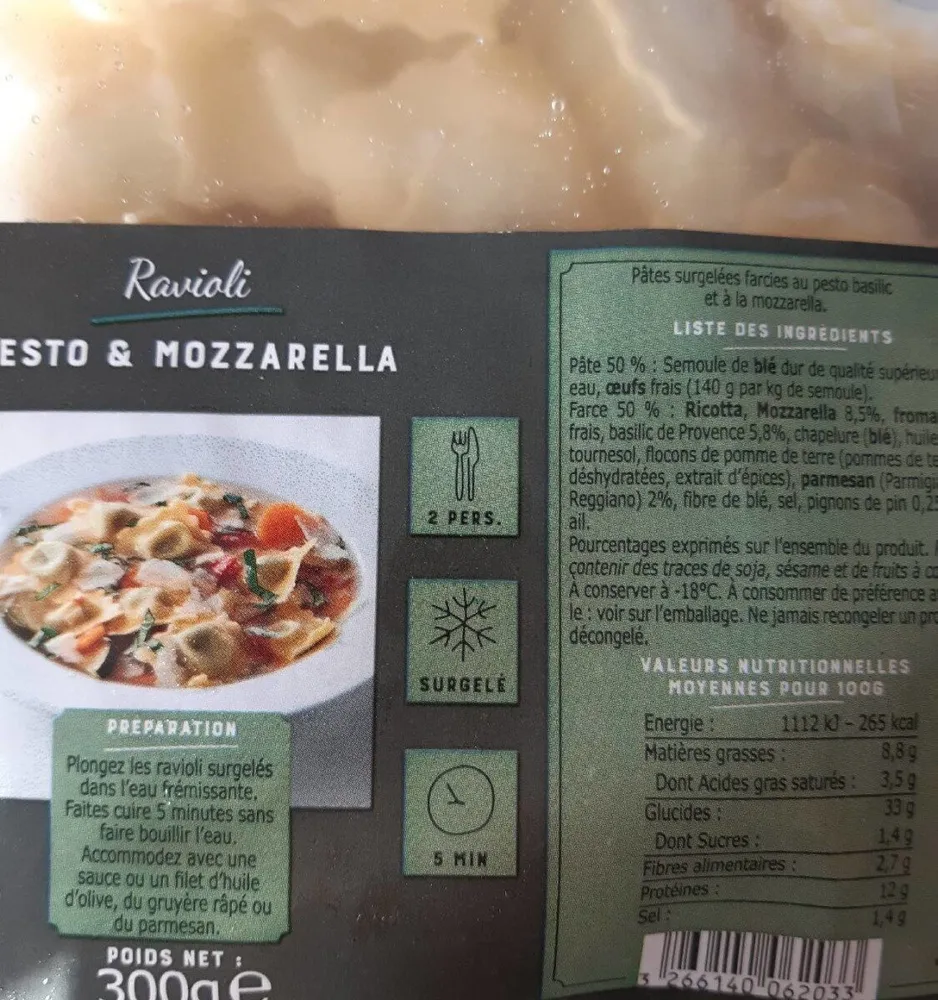 Pates surgelées farcies au pesto basilic et mozzarella