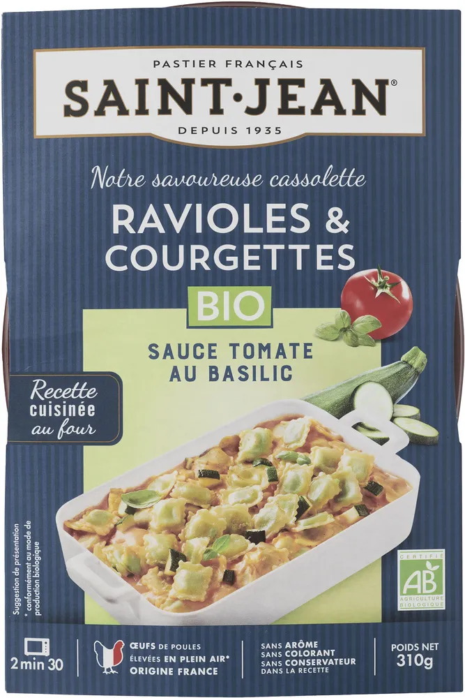 Cassolette BIO de ravioles & courgettes sauce tomate au basilic