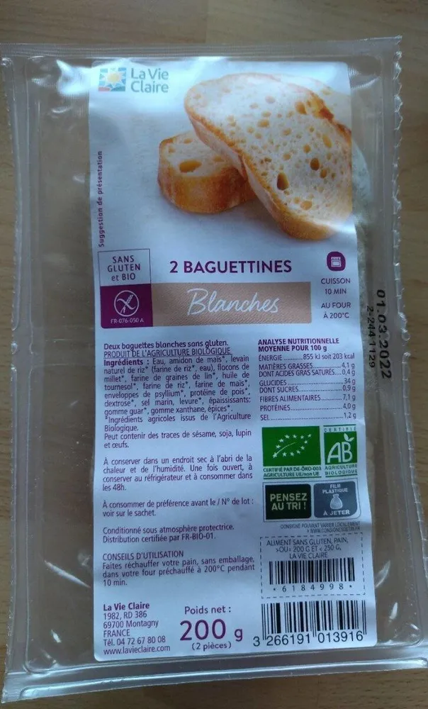 2 baguettines blanches sans gluten