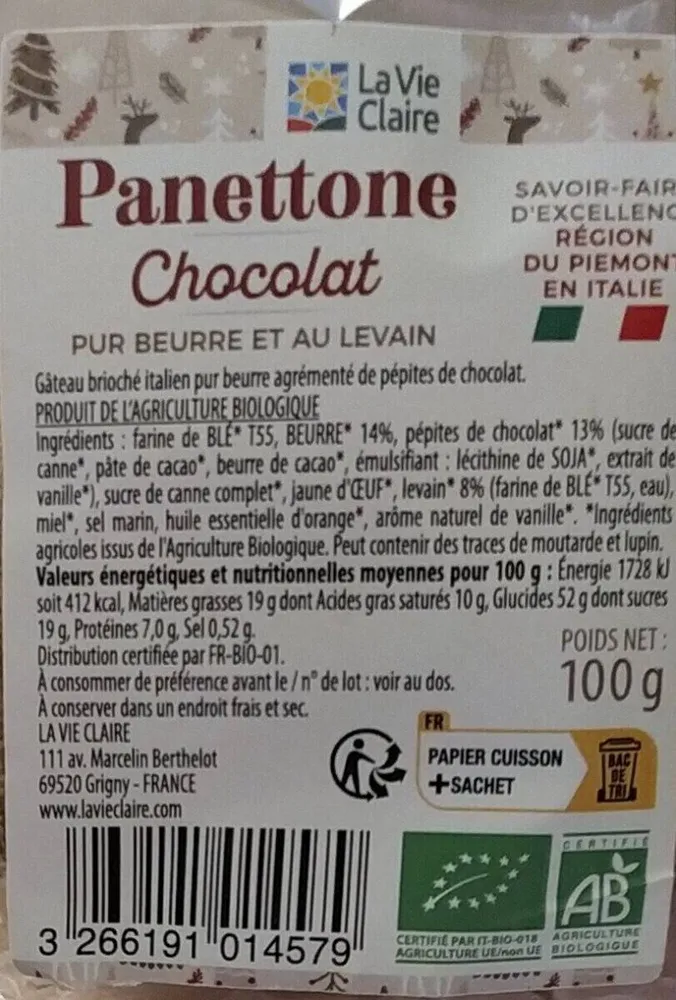 Panettone chocolat pur beurre et au levain