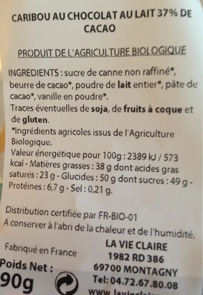 Caribou au chocolat au lait 37% de cacao