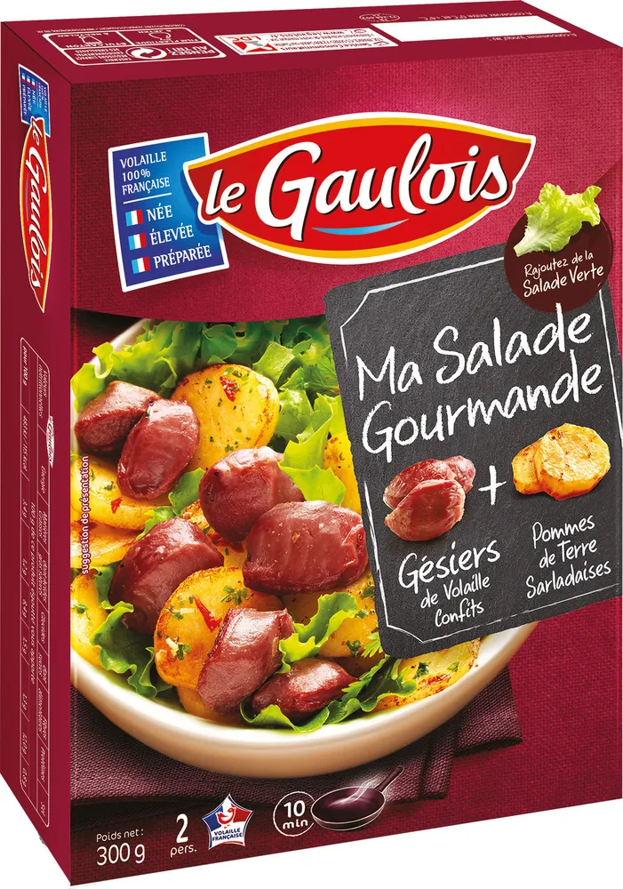 Des gésiers de volaille issus de volailles nées, élevées, préparées en France, soigneusement sélectionnés et cuisinés en confit et des Pommes de terre Sarladaises cuisinées suivant la tradition, dans la graisse de canard, de l'ail, du persil et des échalotes.