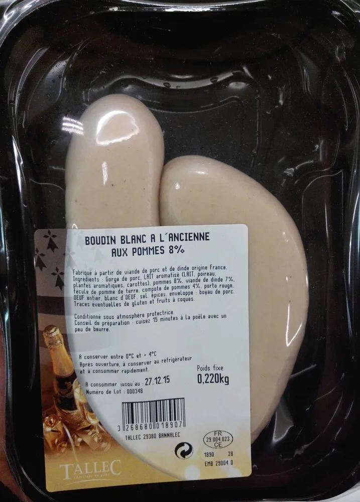 Boudin blanc à l'ancienne aux pommes 8 %