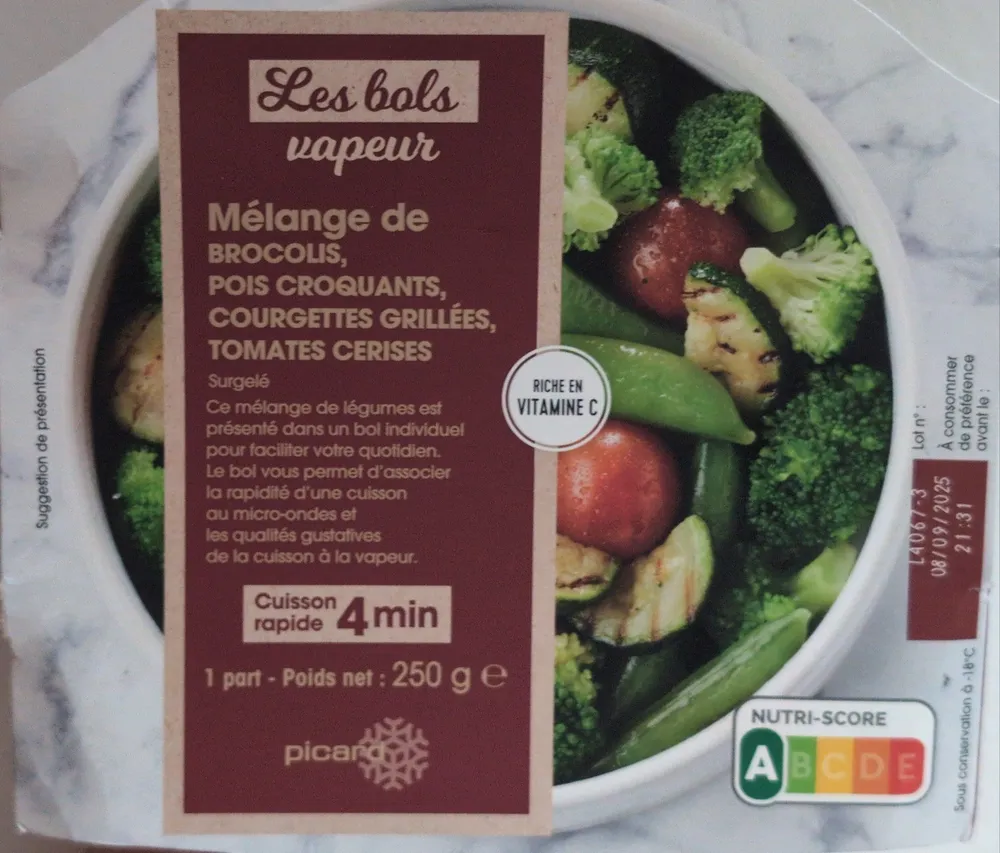 Mélange de Brocolis, Pois croquants, Courgettes grillées, Tomates Cerises