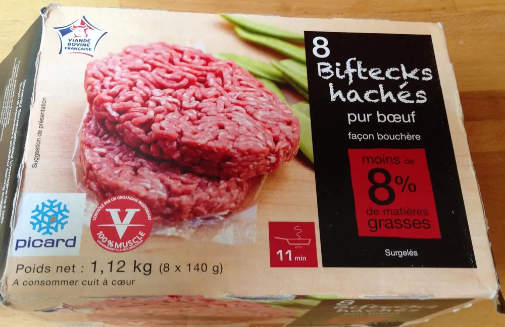 8 BIFTECKS HACHES PUR BOEUF FACON BOUCHERE 8% DE MATIERE GRASSE