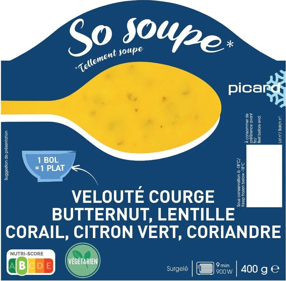 VELOUTÉ COURGE BUTTERNUT, LENTILLE CORAIL, CITRON VERT, CORIANDRE