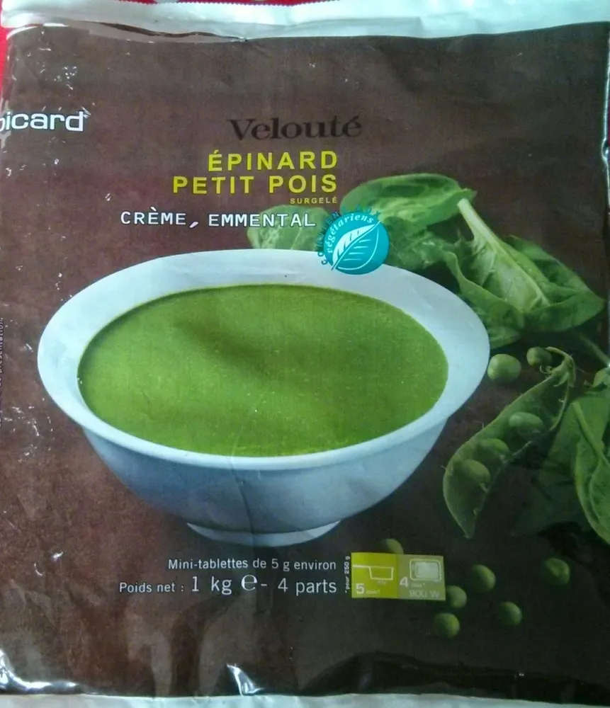 Velouté d'Épinard, Petit Pois, crème, emmental