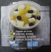 Salade de fruits pêche, poire, raisin, sirop poire vanille