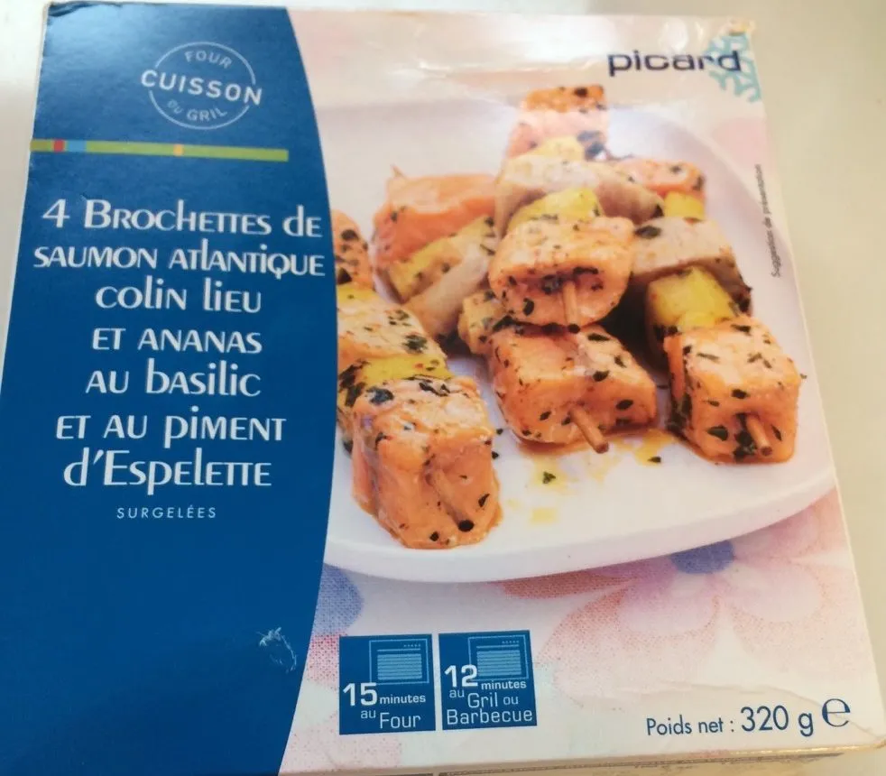 4 Brochettes de Saumon Atlantique, Colin Lieu et Ananas au Basilic et au Piment d'Espelette