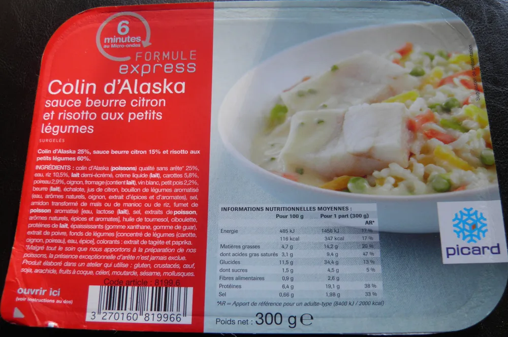 Colin d'Alaska, sauce beurre citron et risotto aux petits légumes, surgelés