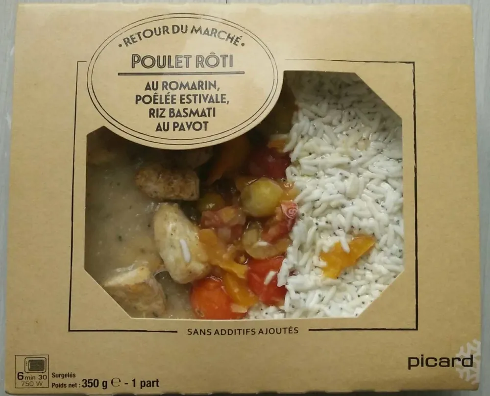 Poulet rôti au romarin, poêlée estivale, riz basmati au pavot