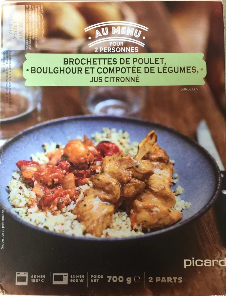 Brochettes de Poulet, Boulghour et Compotée de Légumes, Jus Citronné