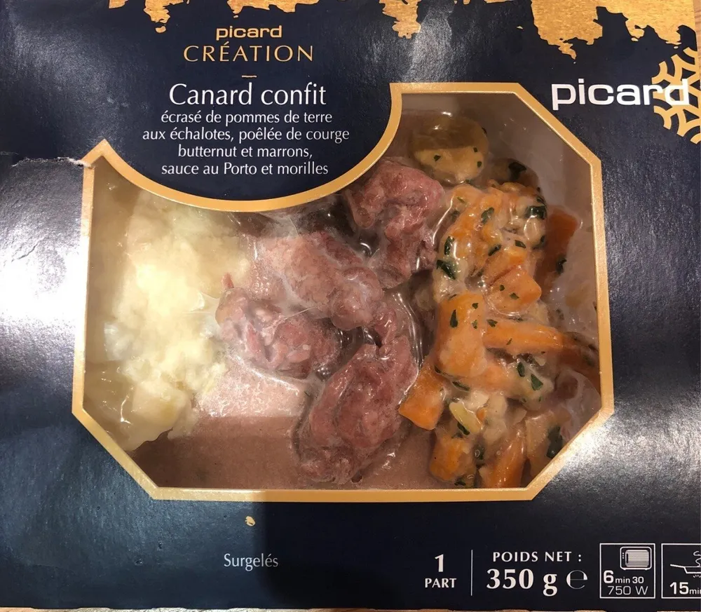 Canard confit, écrasé de pommes de terre aux échalottes