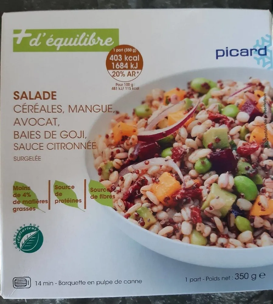 Salade Céréales mangue avocat baies de goji, sauce citronnée