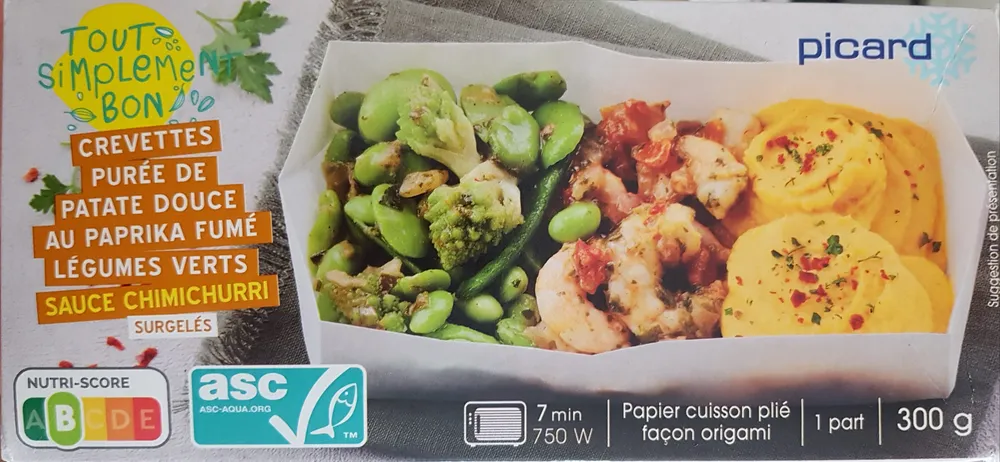 Crevettes purée de patate douce au paprika fumé légumes verts sauce chimichuri