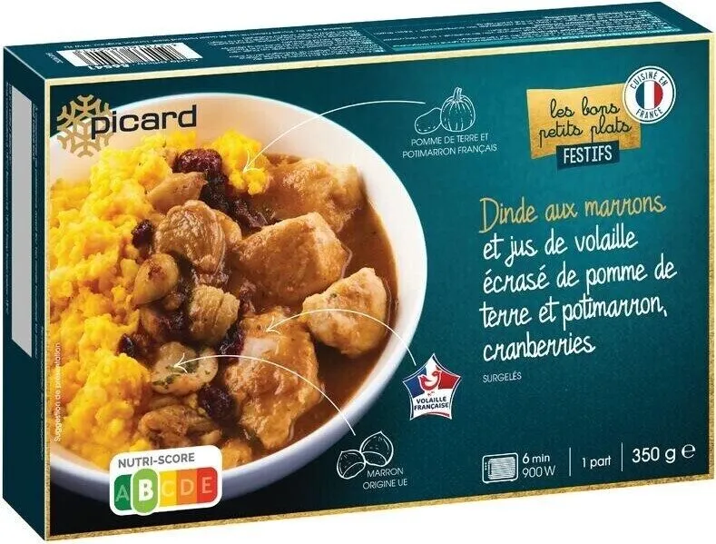 Dinde aux marrons et jus de volaille écrasé de pomme de terre et potimarron, cranberries