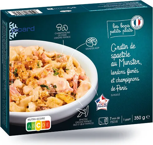Gratin de spaetzle au Munster, lardons fumés et champignons de Paris