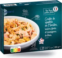 Gratin de spaetzle au Munster, lardons fumés et champignons de Paris