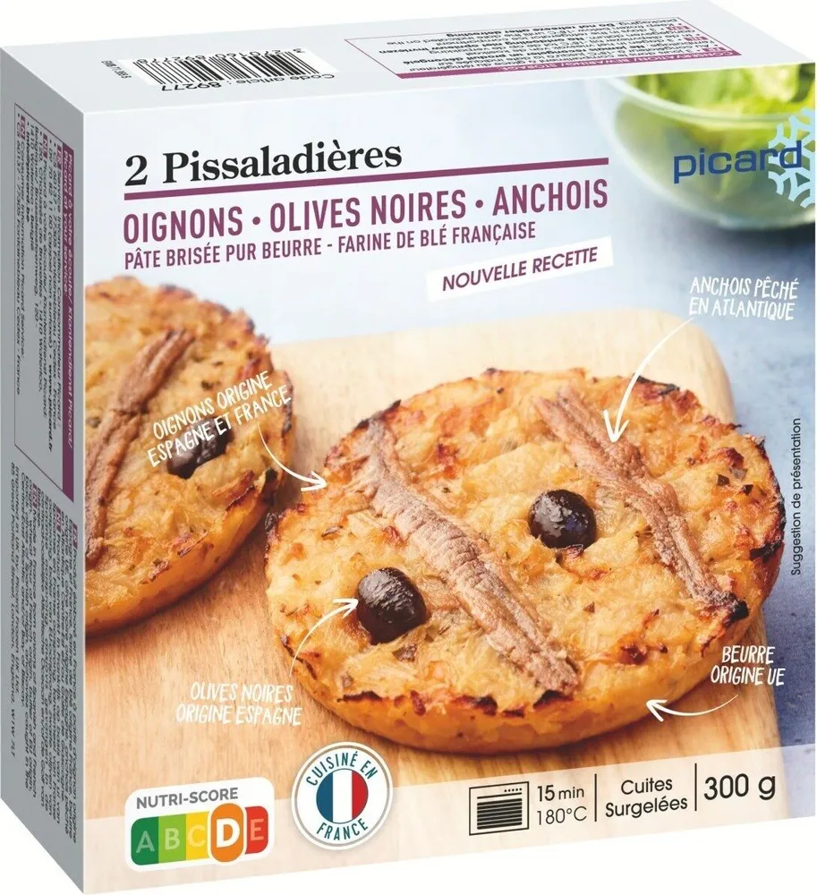 2 pissaladières oignons, olives noires, anchois