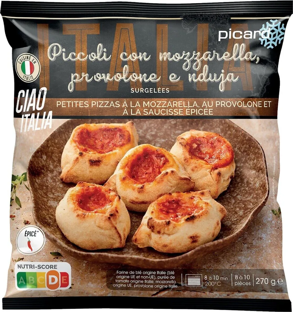 Piccoli con mozzarella, provolone e nduja SURGELÉES
PETITES PIZZAS À LA MOZZARELLA, AU PROVOLONE ET
À LA SAUCISSE ÉPICÉE