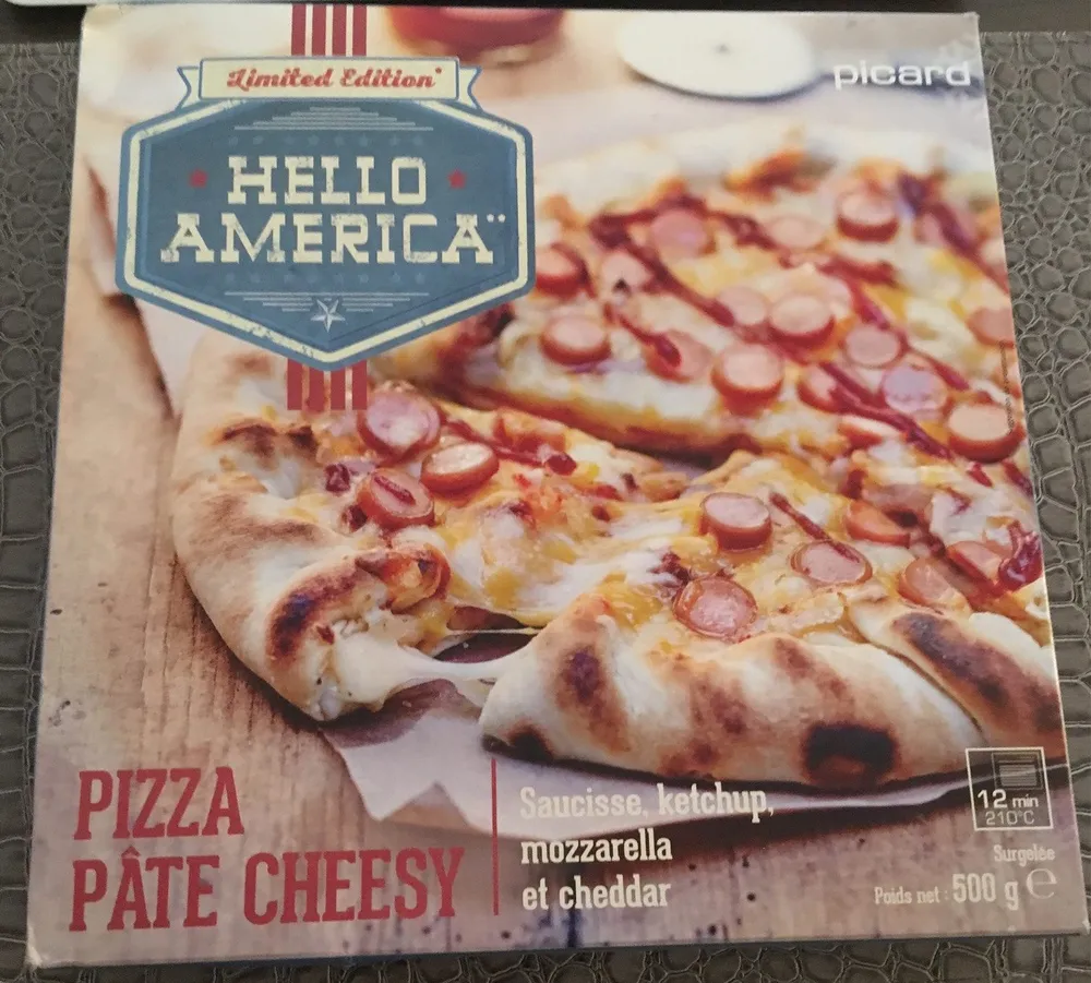 Hello America Pizza Pâte Cheesy, Saucissen Ketchup, Mozzarella et Cheddar