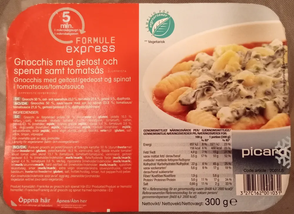 Picard Formule express Gnocchis med getost och spenat samt tomatsås