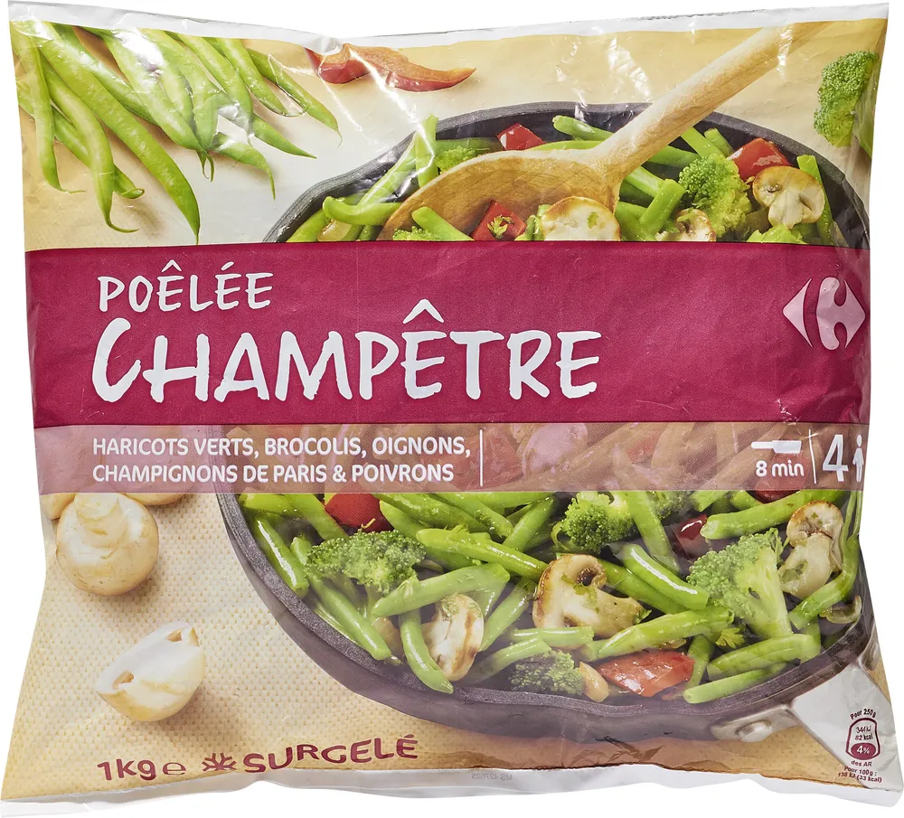 Poêlée champêtre Haricots verts, carottes orange et jaunes, garden peas, champignons de Paris