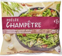 Poêlée champêtre Haricots verts, carottes orange et jaunes, garden peas, champignons de Paris