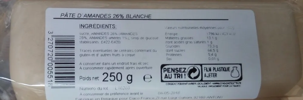 Pâte d'amandes 26% blanche