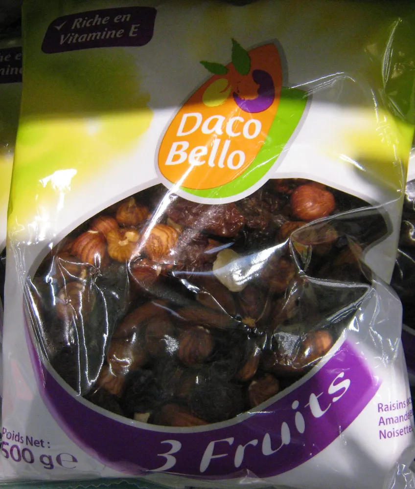 3 Fruits Raisins secs, Amandes, Noisettes Daco Bello