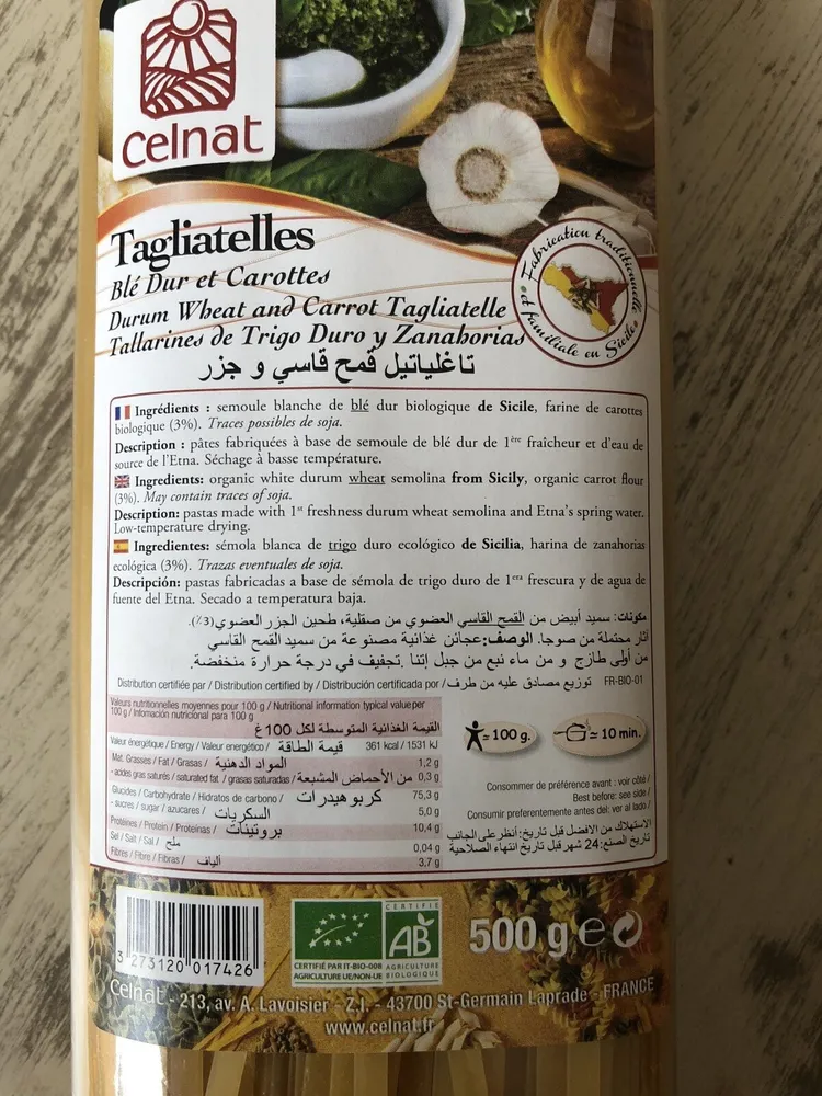 Tagliatelles blé dur et carottes