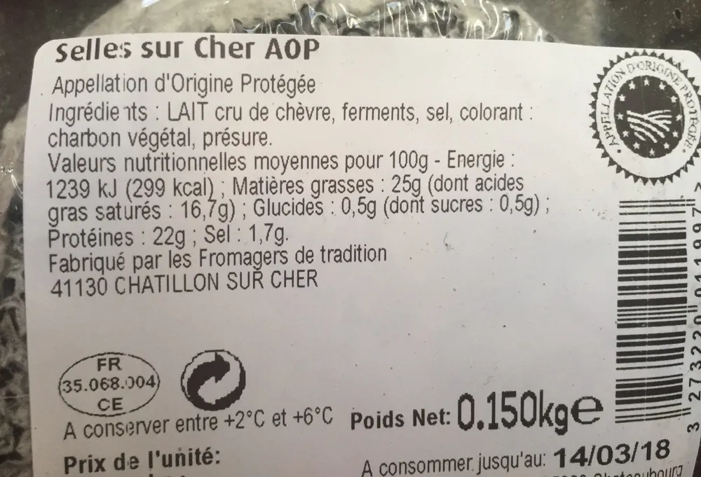 Selles sur Cher AOC au lait cru de chevre, 25%MG
