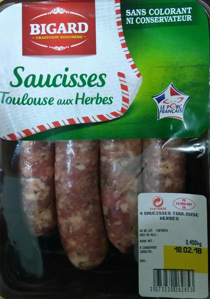 Saucisse de toulouse aux herbes VPF, BIGARD, 4 pièces