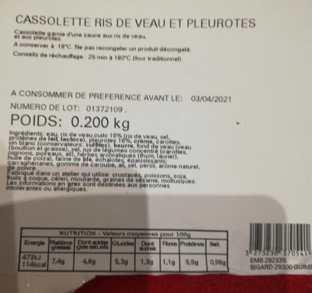Cassolette ris de veau et pleurotes