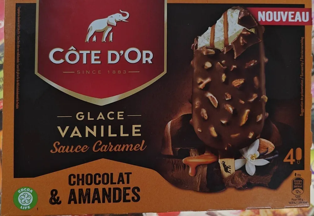 Glace vanille sauce caramel chocolat & amandez