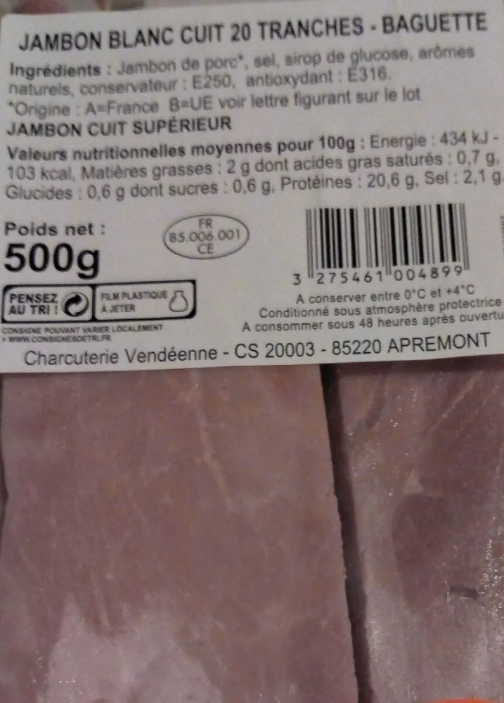 JAMBON BLANC CUIT 20 TRANCHES-BAGUETTE