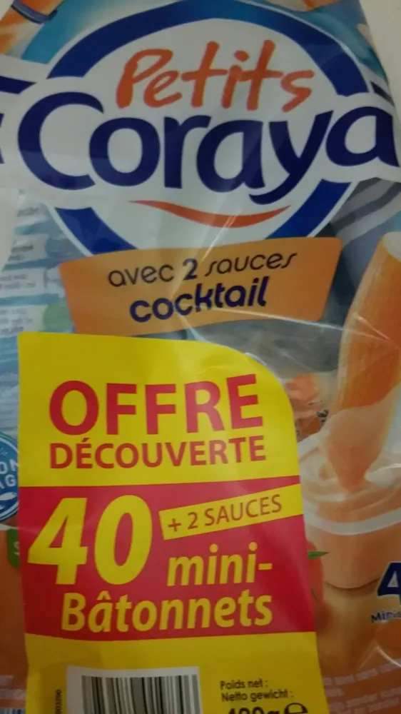 Petits Coraya - Mini-bâtonnets de surimi + sauce mayonnaise les 40 bâtonnets + 1 sauce 420 gr