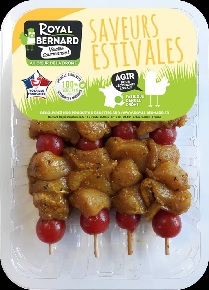 4 Brochettes de Filet de Poulet mariné curry et tomate cerise